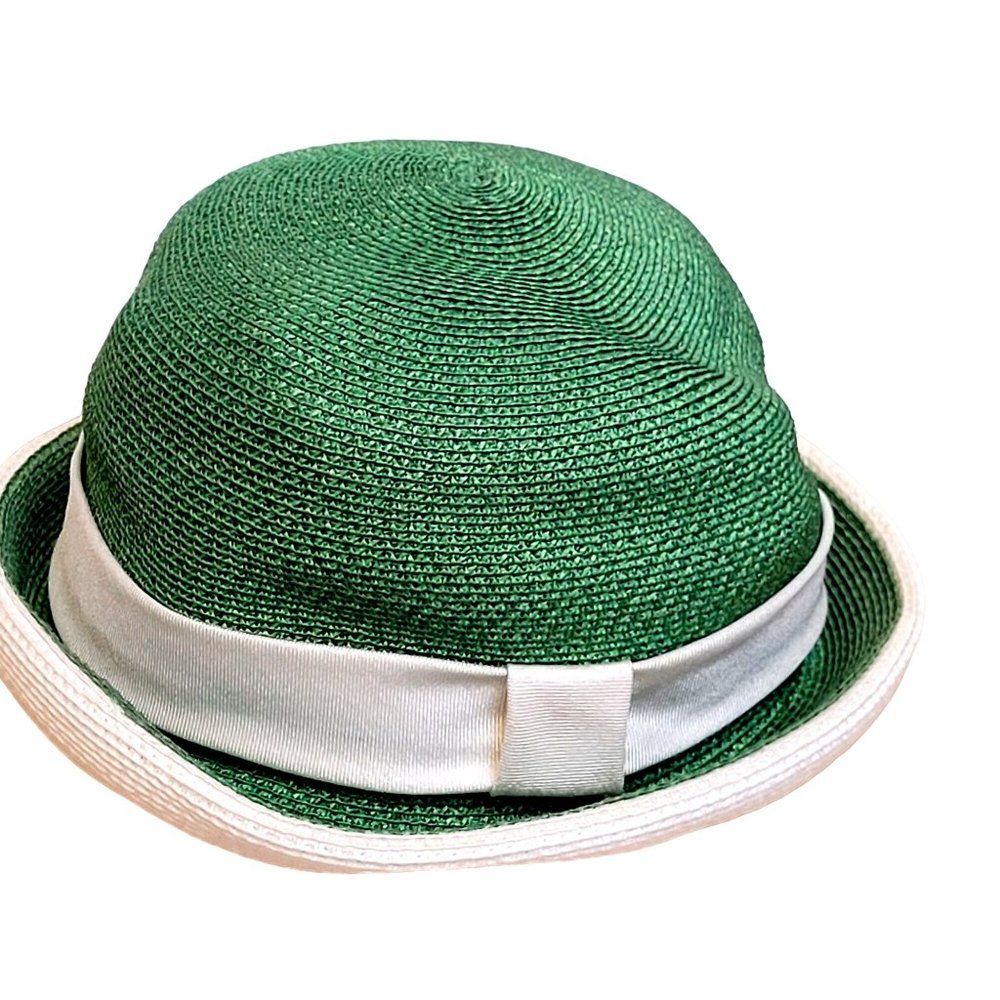Vintage Miss Ruth Green Straw Bowler Hat White Brim Slightly Misshapen